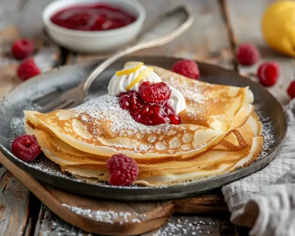 En hög med tunna pannkakor, pudrade med florsocker, toppade med vispgrädde, hallonsylt och färska hallon. Ett perfekt crepes recept för en mysig fika.