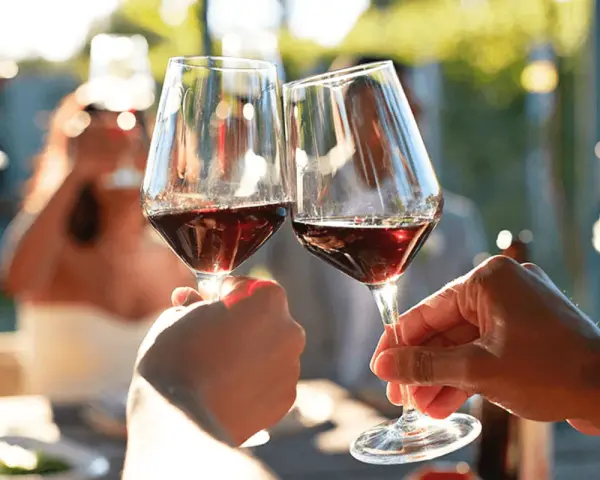 Två glas rött vin skålar i solnedgången, perfekt tillbehör till en råbiff.