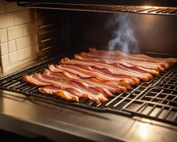 Rader av saftigt bacon ligger på ett galler i ugnen, och en tunn strimma rök stiger upp.