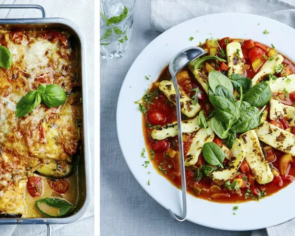 En gratinerad auberginegratäng i form och en tallrik med grillad halloumi i tomatsås. Två härliga vegetariska recept.