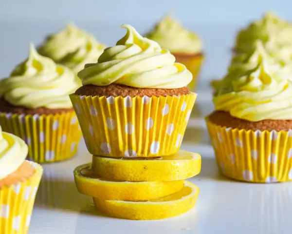 Gula citronmuffins med fluffig frosting, serverade i prickiga formar. Perfekt för ett citronmuffins recept!