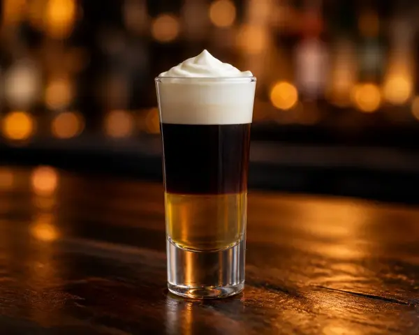 En shot med tre lager: gyllene likör, mörk kaffe och fluffig grädde. En riktig hot shot för en kväll ute.