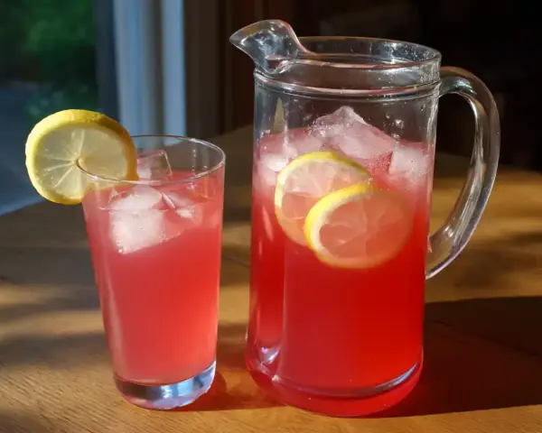 En karaff och ett glas med rabarbersaft med citron, is och citronskivor. Perfekt för en solig sommardag.