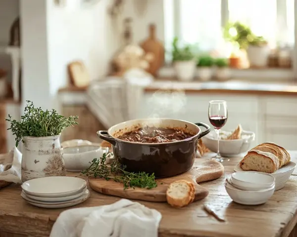 En ångande gryta med kött och grönsaker, redo att serveras med bröd och vin. Ett perfekt gryta recept för en mysig middag.