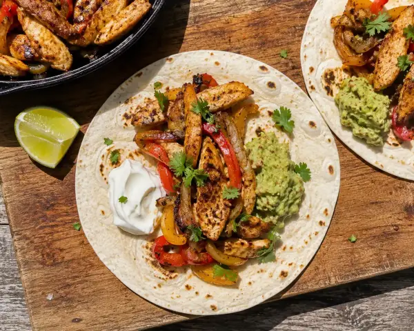 Två läckra fajitas med kyckling, paprika, lök, guacamole och gräddfil. Ett perfekt fajitas recept för en härlig middag.