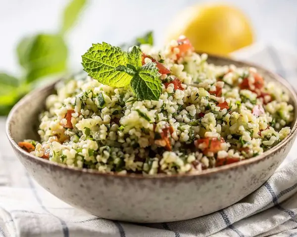 En skål med färgglad tabbouleh, en sallad där man kan koka bulgur med tomat, persilja och mynta.