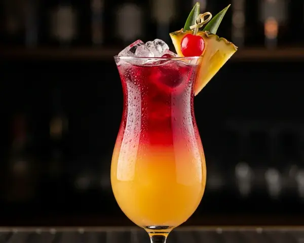 En kyld Bahama Mama drink med lager av orange och rött, garnerad med ananas och körsbär.