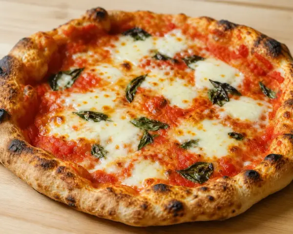 En perfekt napolitansk pizza med bubblig, lätt bränd kant, täckt av tomatsås, mozzarella och färsk basilika.
