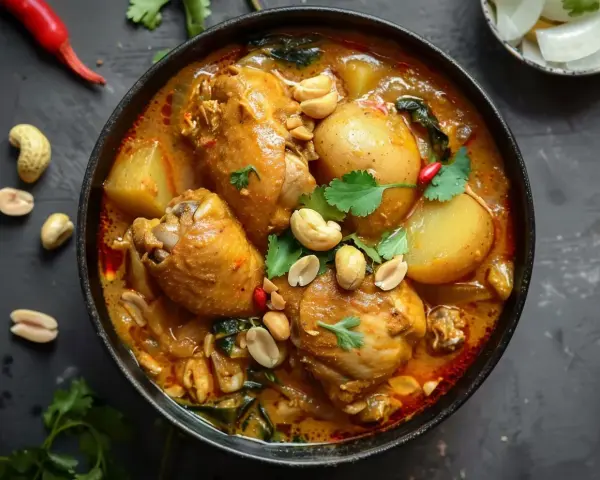 En skål med kyckling i krämig massaman curry, toppad med jordnötter och koriander. Ett läckert massaman curry recept.