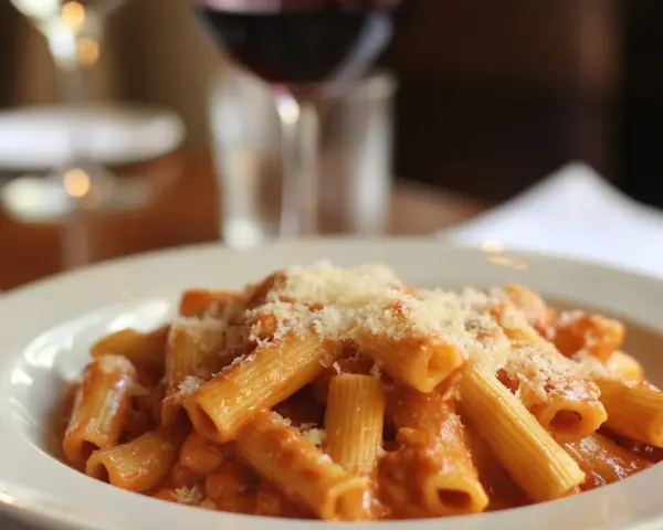 En tallrik rigatoni med krämig tomatsås och parmesanost, perfekt till ett glas vin eller en vodkapasta.