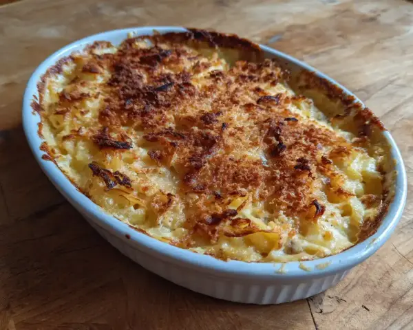 En gyllene Janssons frestelse i en vit ugnsform, redo att serveras. Ett klassiskt recept som doftar jul.