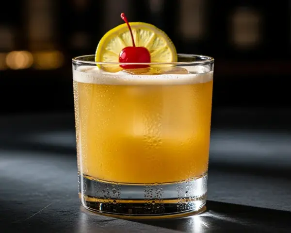 En sval amaretto sour med citronskiva och körsbär, perfekt för en avslappnad kväll.