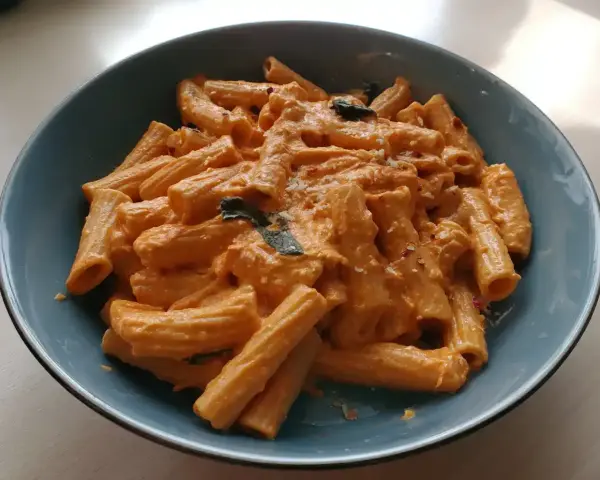 En skål med krämig vodka pasta, toppad med chili flakes och färska örter. Enkel men lyxig middag.