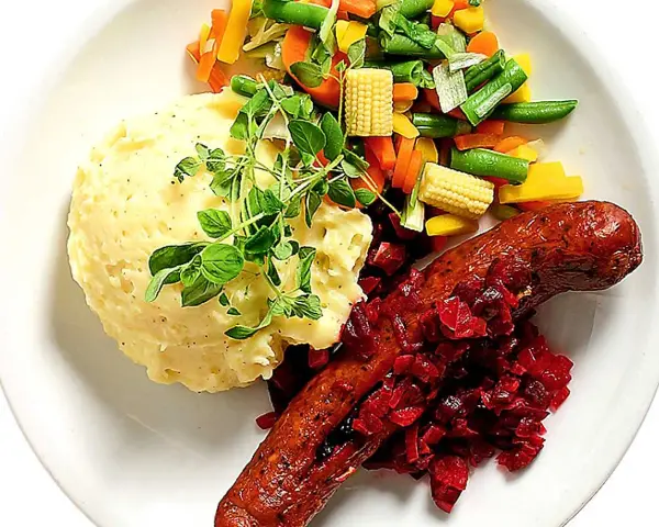 Ugnsbakad isterband med potatismos, rödbetor och en blandning av grönsaker.