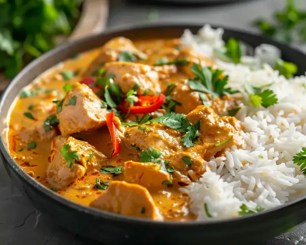 En skål med krämig kyckling curry med ris, toppad med färsk koriander och chili. En härlig måltid som värmer själen.