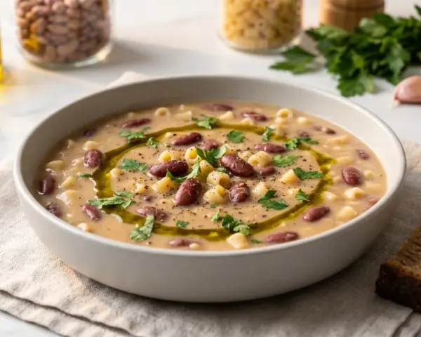 En skål med värmande pasta e fagioli, garnerad med olivolja och persilja, bredvid en skiva rustikt bröd.
