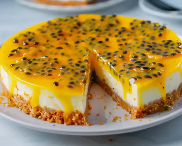 En krämig passionsfrukt cheesecake med en krispig botten och en glansig topping full av passionsfruktfrön.