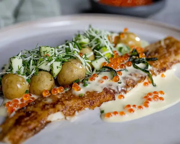 Stekt fisk med krämig sås, potatis, gurka och rom. Ett perfekt sandefjordsås recept för en lyxig middag.