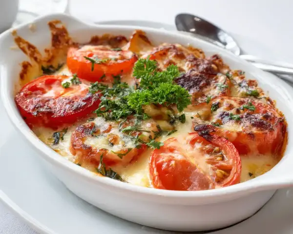 Gratinerade tomater med ost och örter, perfekt tillbehör till ett falukorv recept.