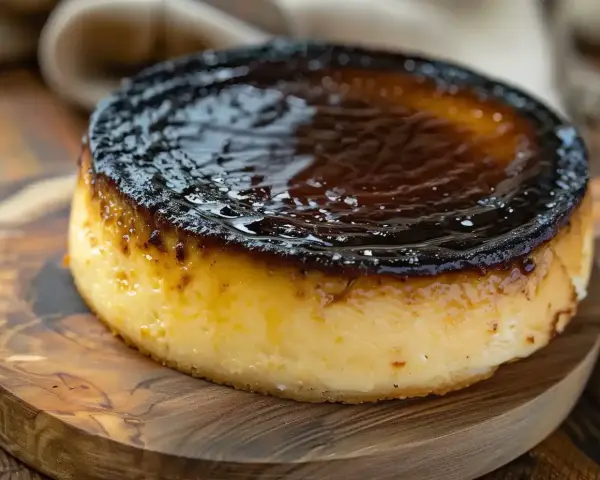 En krämig baskisk cheesecake med en mörk, karamelliserad yta, serverad på en träskärbräda.