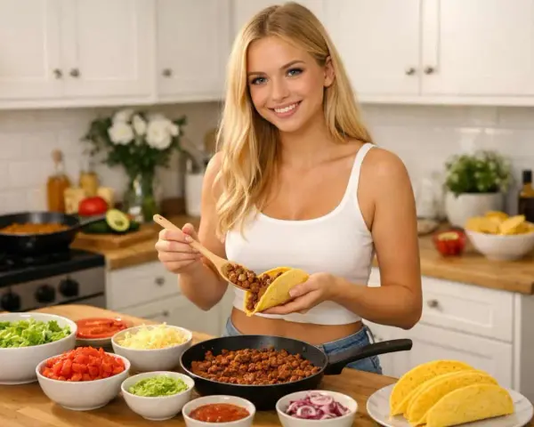 Glad kvinna förbereder tacos med ett enkelt tacos recept. Skålar med sallad, tomat, ost och lök står uppdukade.