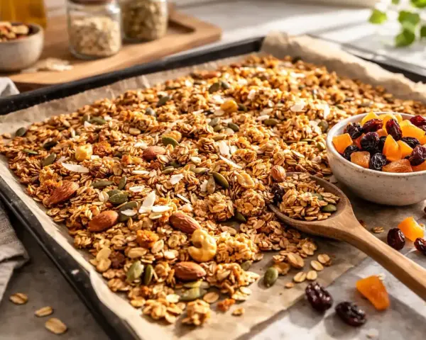 En stor plåt med hemgjord egen granola, full av nötter, frön och torkad frukt. En skål med russin och aprikoser står bredvid.