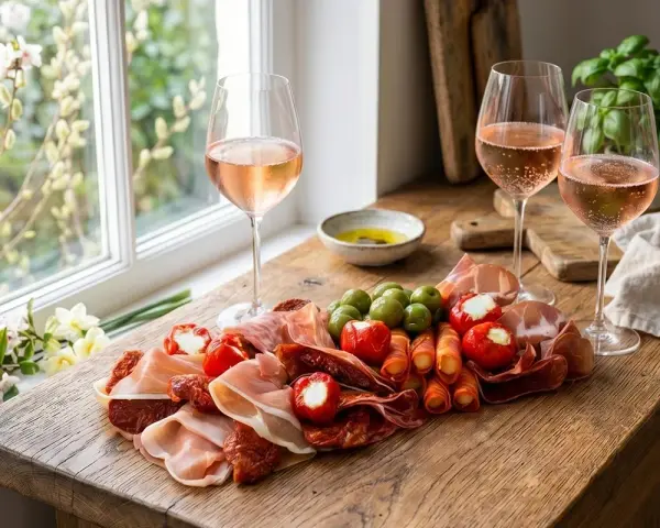 En härlig bricka med charkuterier, oliver och fyllda paprikor, perfekt mat till Valborg. Rosévin i glasen skapar festlig stämning.