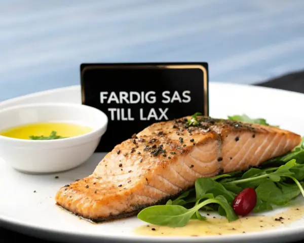 En perfekt tillagad laxfilé serveras med en skål med gul sås till lax, gröna blad och en röd bär.