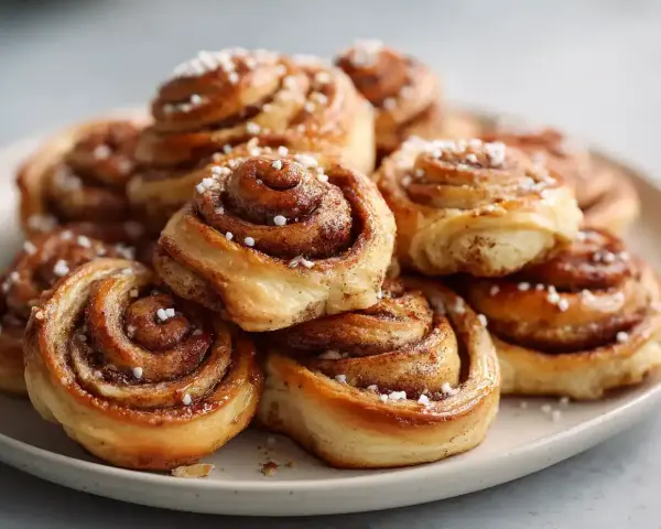 En hög med gyllene, nybakade glutenfria kanelbullar, toppade med pärlsocker. Perfekt för fikat!