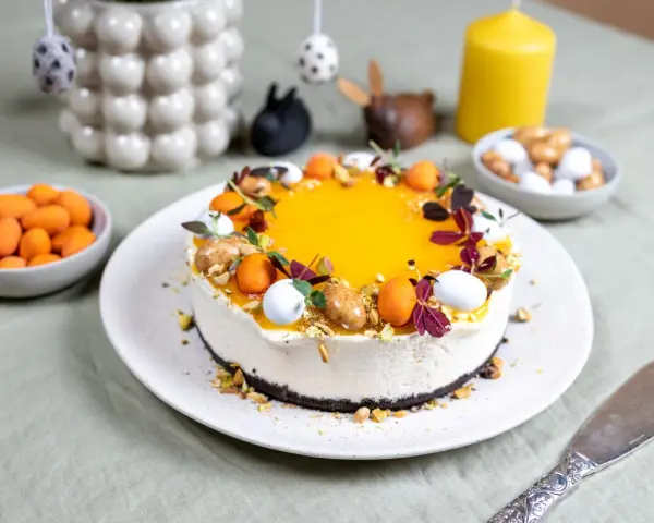 En vacker cheesecake med gul topping, dekorerad med påskägg och nötter. Perfekt för en härlig cheesecake påsk-firande.