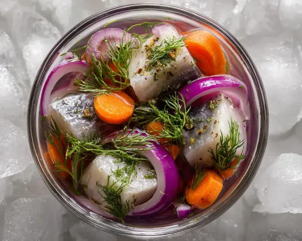 En skål med inlagd sill, rödlök, morötter och dill, serverad på is. En klassisk svensk rätt, perfekt för midsommar.