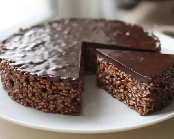 En chokladig rice crisp tårta med en bit borttagen, redo att avnjutas.