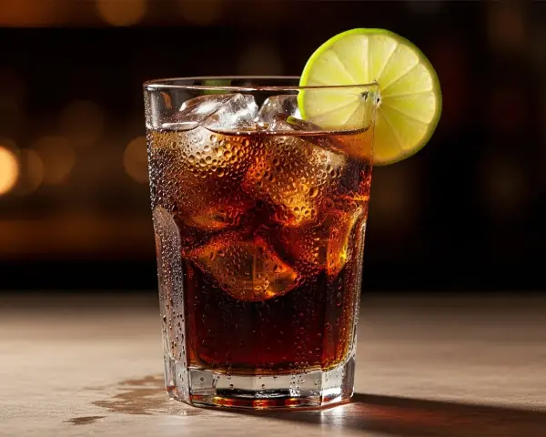 Ett glas med is och en limeklyfta, fyllt med en mörk dryck som påminner om en cuba libre.
