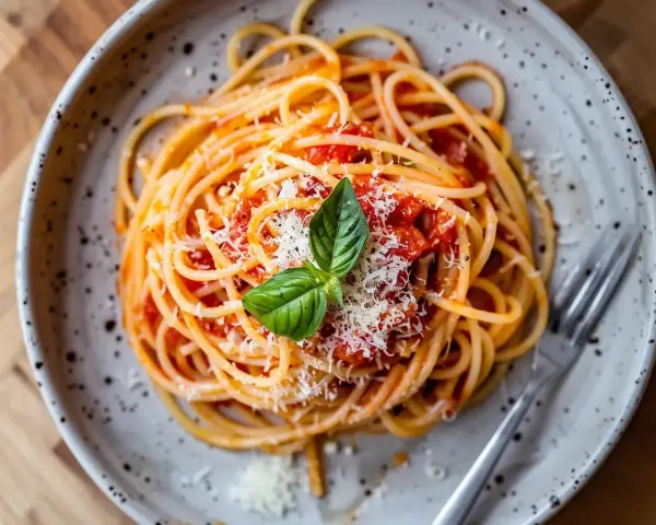 En tallrik med spaghetti och tomatsås, toppad med riven parmesan och en basilikakvist. Perfekt för en krämig burrata pasta.