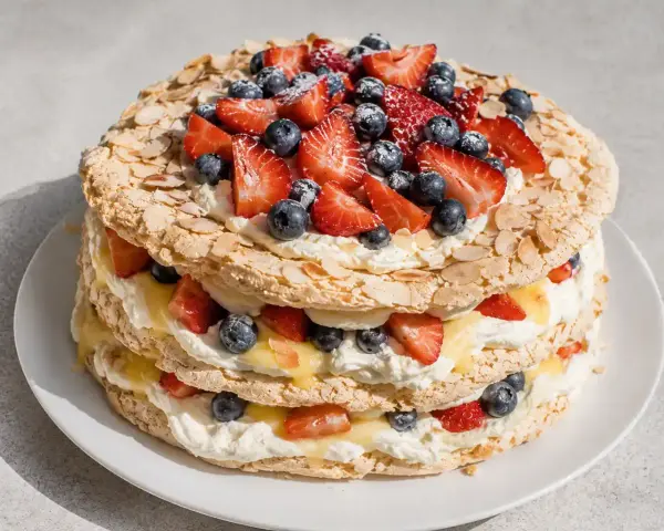 En flerskiktad marängtårta med grädde, bär och mandel. Perfekt som inspiration för ditt nästa tårtbotten recept.