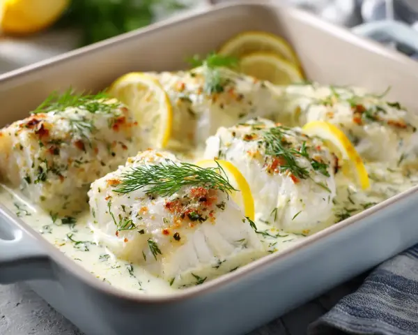 Ugnsbakad torsk i krämig sås med citron och dill. En härlig rätt som passar perfekt till middagen.