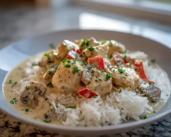 En krämig chicken ala king med ris, toppad med persilja och bitar av röd paprika.