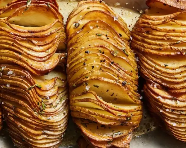 Krispiga hasselbackspotatisar, perfekt för ett enkelt hasselbackspotatis recept. Garnerade med örter och flingsalt.