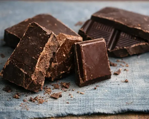 Mörk choklad i bitar, redo att smältas till en härlig lava cake.
