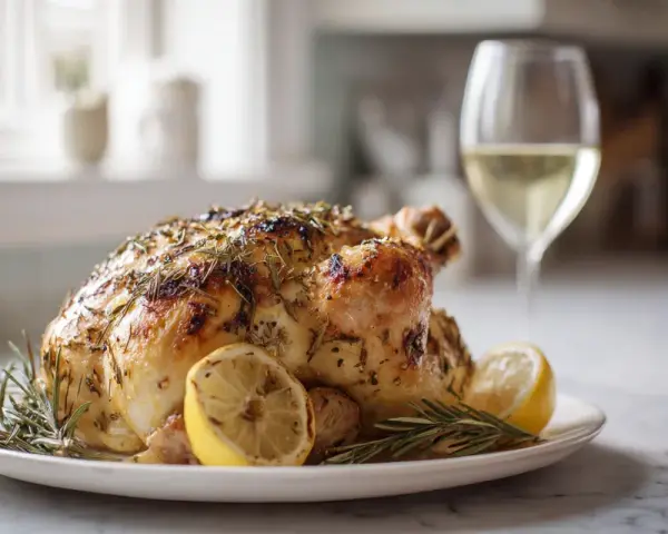 Helstekt kyckling med citron och rosmarin, perfekt till ett glas vitt vin.