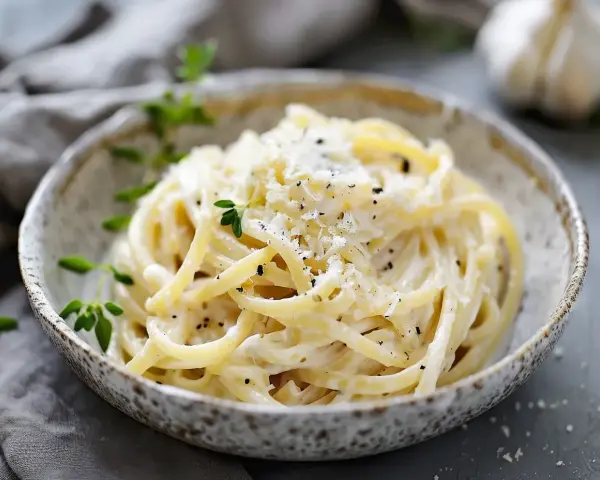 En skål med krämig ostsås pasta, toppad med riven ost och färska örter. En perfekt middag!