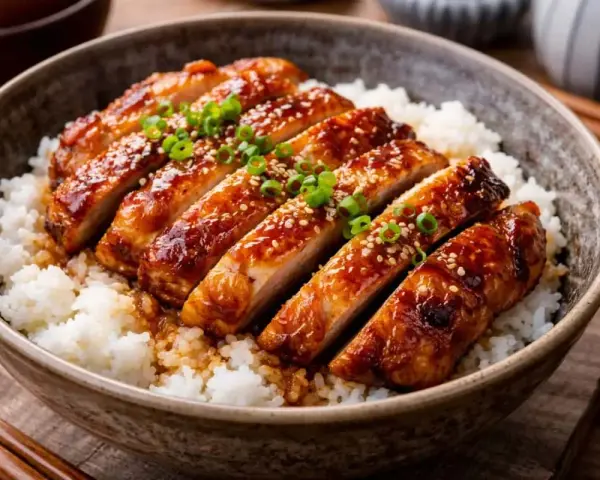 En skål med fluffigt ris toppad med saftig, glaserad teriyaki kyckling, strödd med sesamfrön och grön lök. En utsökt måltid.