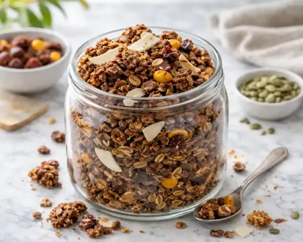 En stor burk fylld med hemgjord granola, perfekt för ett hälsosamt frukostrecept. Nötter, frön och torkad frukt syns tydligt.