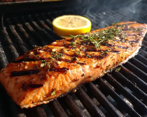 En saftig grillad laxsida med örter och en citronskiva på grillen. Röken stiger och doften sprider sig.