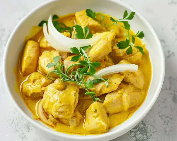 Krämig chicken a la king i en vit skål, garnerad med persilja och lök.