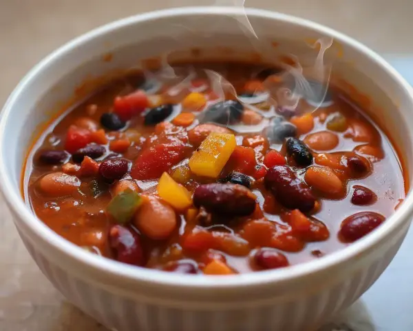 Varm och ångande chili sin carne i en vit skål, full av bönor, tomater och paprika. En härlig vegetarisk rätt.
