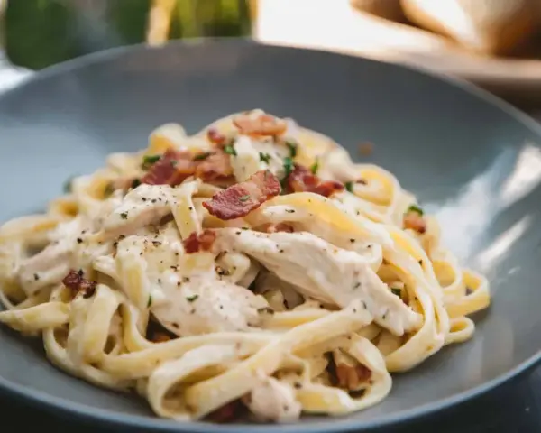 Krämig pasta med kyckling och knaprigt bacon. En härlig bacon pasta som ser utsökt ut.