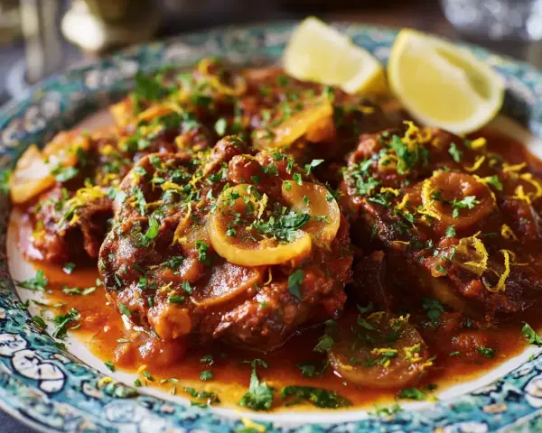 En tallrik med mustig osso buco, garnerad med citron och persilja.