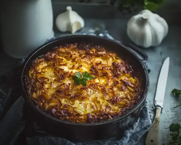 En gyllene kålpudding i gjutjärnspanna, redo att serveras. Ett klassiskt kålpudding recept som doftar ljuvligt.