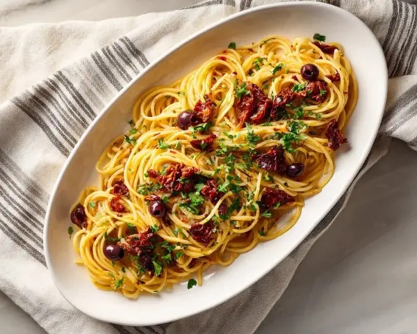 En skål med spaghetti, toppad med soltorkade tomater, svarta oliver och färsk persilja. En härlig pasta puttanesca!